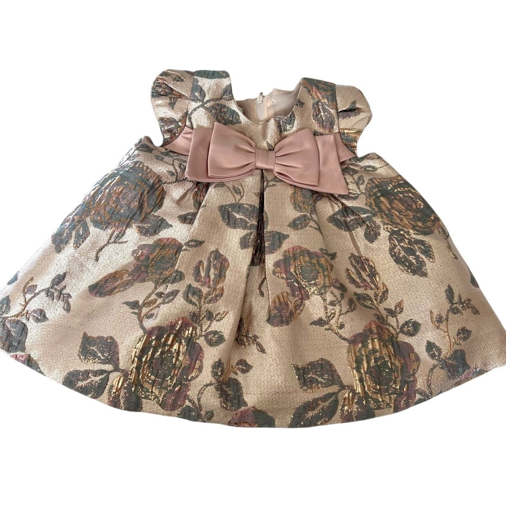 Iris & Ivy Baby Girl Floral Brocade Party Dress Gold Pink Metallic 6/9M W0-11705